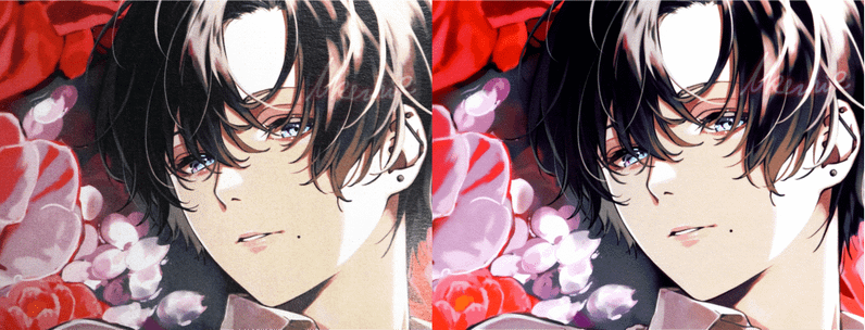 左：エコノミーグレード（4色）で印刷　右：プライムグレード（7色）で印刷